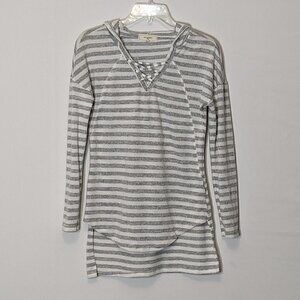 Women's "No Comment" Soft Sweater Knit, Gray/White Stripe Hooded Top; Size S